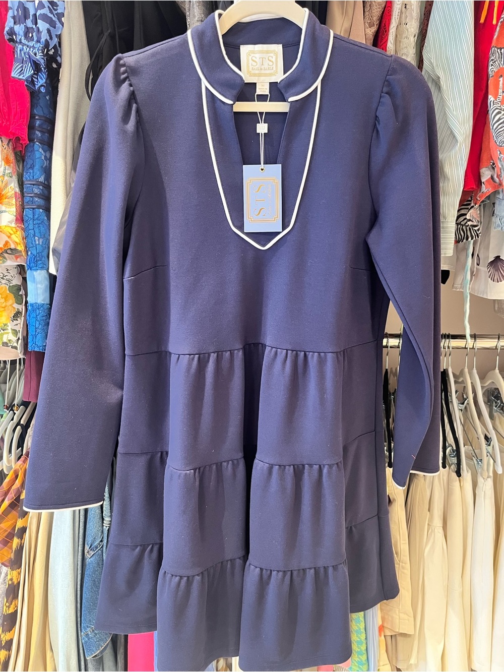 STS Women's Navy Tiered Dress with White Trim NWT